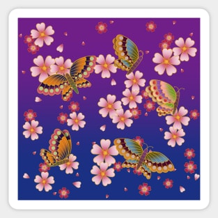 Japanese Butterflies Amid Sakura Blossoms (Blue & Purple) Sticker